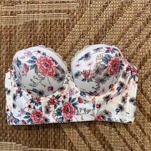 SHEIN NWOT Strapless Floral Longline Push Up Bustier Bra in White & Pink Size L